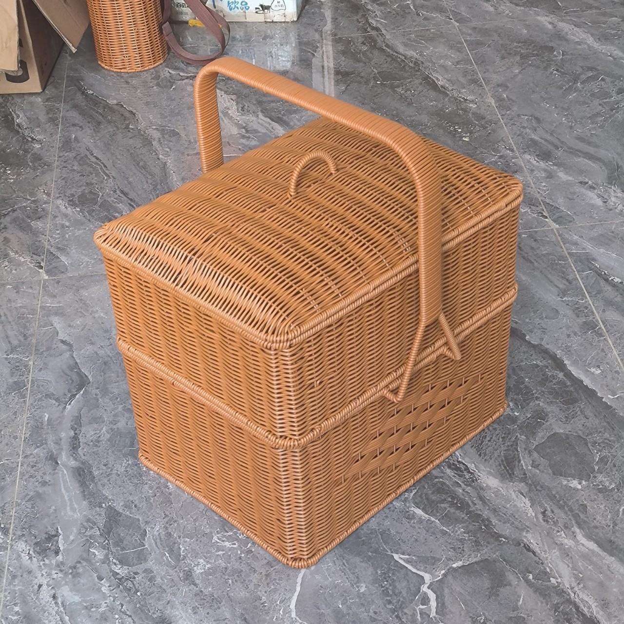 M112家用拜拜篮双层野餐篮拜神专用长方形手提篮子手工编织藤篮