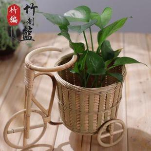 创意手工竹编迷你车子火锅店菜篮子花器多肉绿色植物花盆家居摆饰