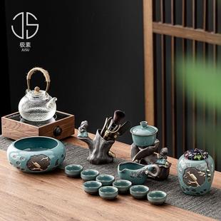 哥窑茶具套装 中式 家用办公室陶瓷半自动懒人功夫泡茶壶杯高档礼盒