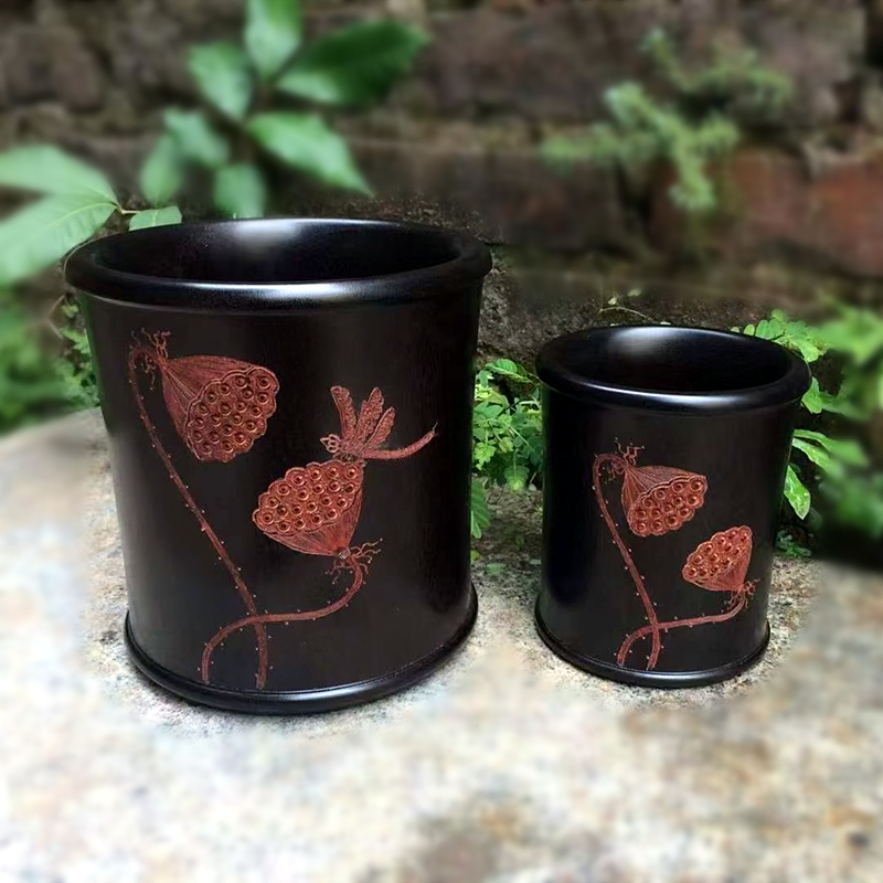 非洲紫檀木雕笔筒仿古红木中式古典办H公桌面书房木质画筒工艺摆