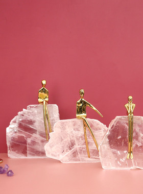 轻奢现代桌面铜人天然矿石摆件新A中式样板间玄关电视柜软装工艺