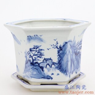 景德镇陶瓷仿古手绘花盆山水青釉青花大号带托盘R花卉绿植室内装