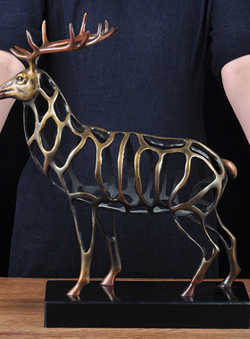 美式轻奢镂空全铜福鹿摆件招财工B艺品房地产售楼部样板房软装饰