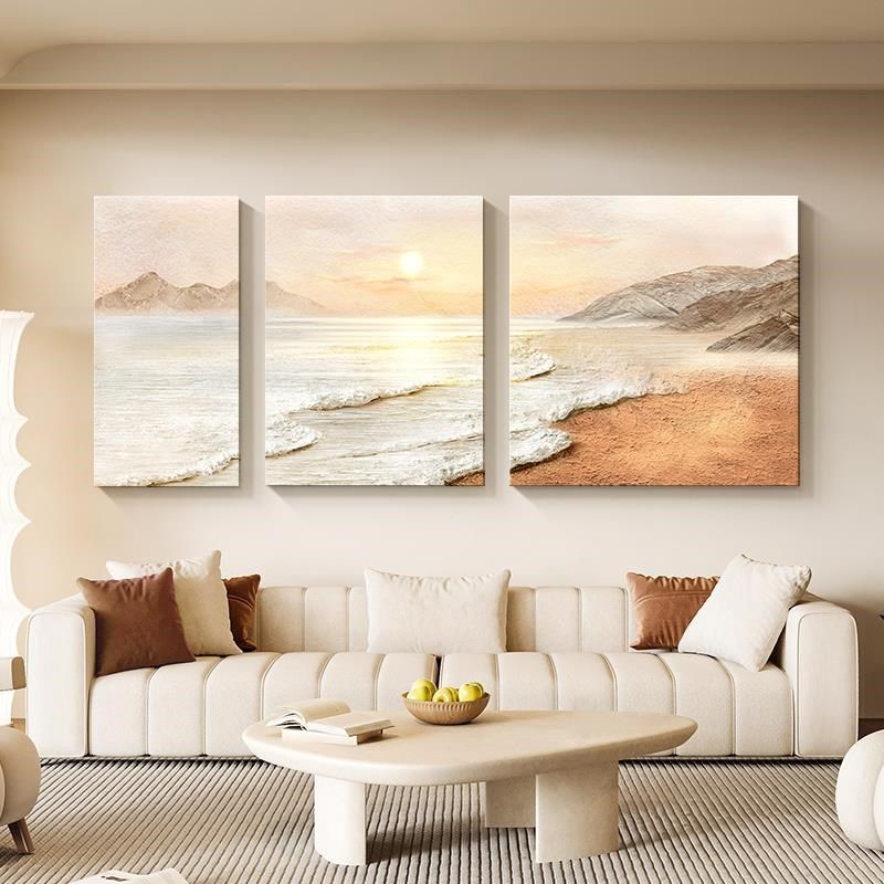 奶油风客厅装饰画l肌理海浪沙发背景墙挂画侘寂风抽象大气三联壁,家居饰品,现代装饰画,淘宝优惠券,粉丝福利购,淘宝优惠卷