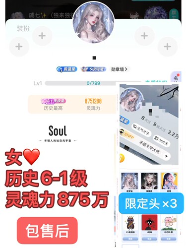 Soul账号soul历史等级高标账号6-1级女号限定头×3