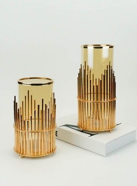 轻奢金属线条玻璃花瓶现代简约家居饰品欧式O客厅书房彷真花花瓶