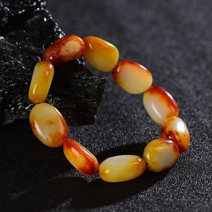 新疆和田玉籽料手串羊脂玉v白玉红沁皮原石手链男女款 天然玉石手