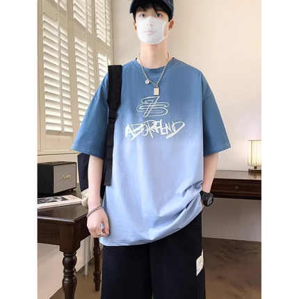 潮流短袖T恤男夏季宽松印花上衣青少年蓝色半袖体恤男装潮牌套头