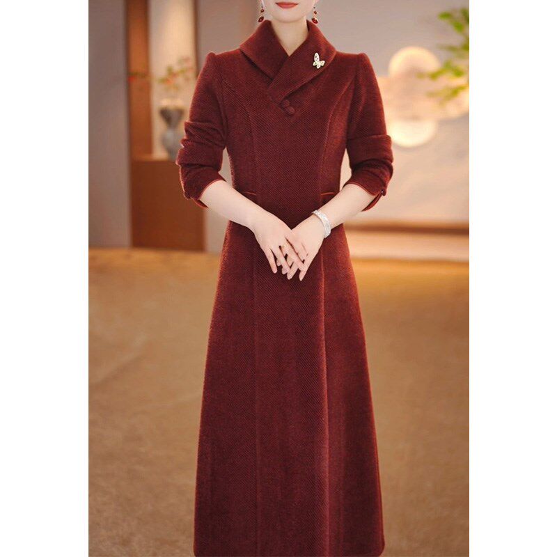 新品高端改良旗袍长袖连衣裙女2025秋冬季新款配T大衣妈妈修身加