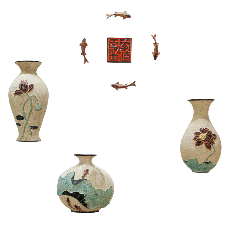 速发中式立体浮雕荷花壁式花插花瓶玄关画挂件客厅背景墙挂画装饰图片