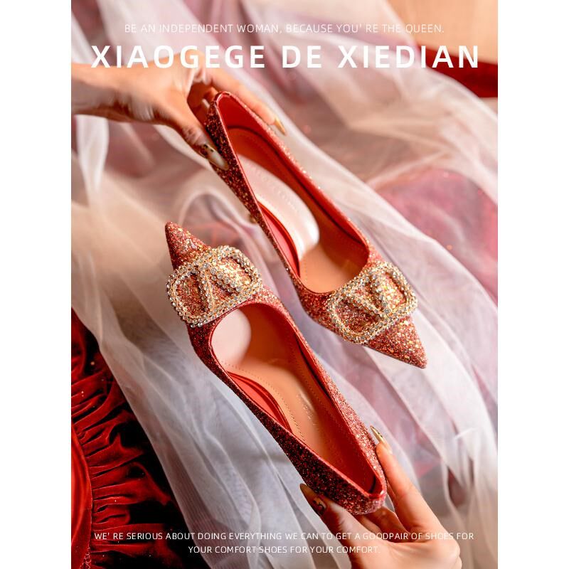 极速新中式红色婚鞋女秀禾婚纱w两穿新娘鞋2026新款绝美水晶V扣高