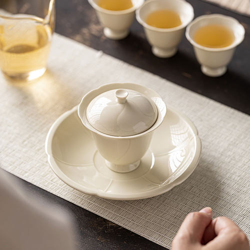 定窑白陶瓷花口高足盖碗r中式复古功夫家用茶具防烫泡茶器茶杯盖