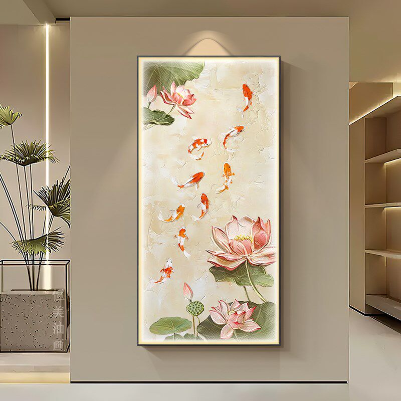 九鱼图手a绘油画进门玄关装饰画现代轻奢挂画荷花走廊挂画2025新