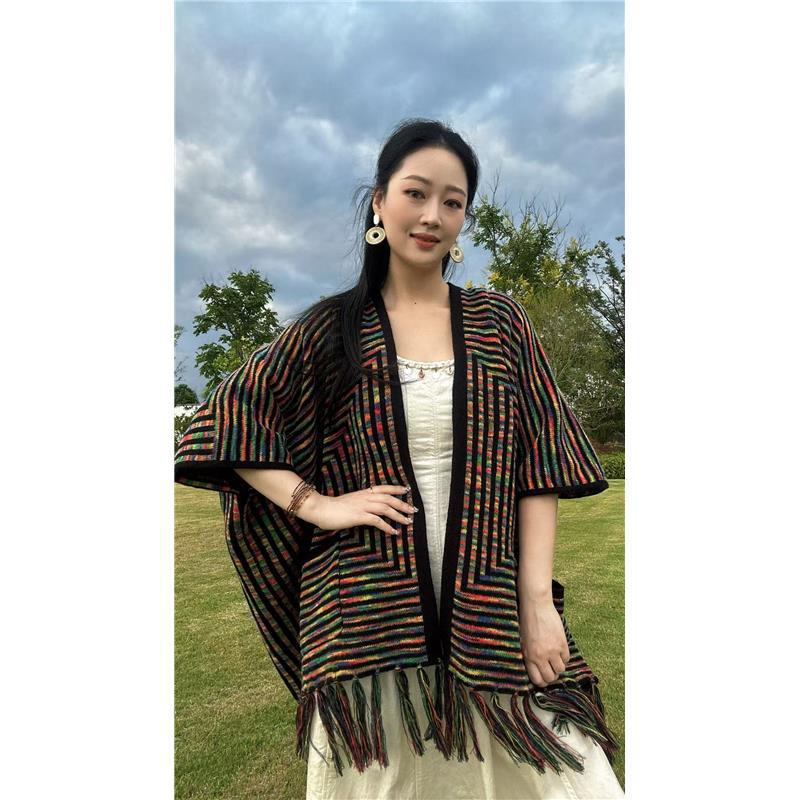 民族风彩虹流苏针织开衫披肩