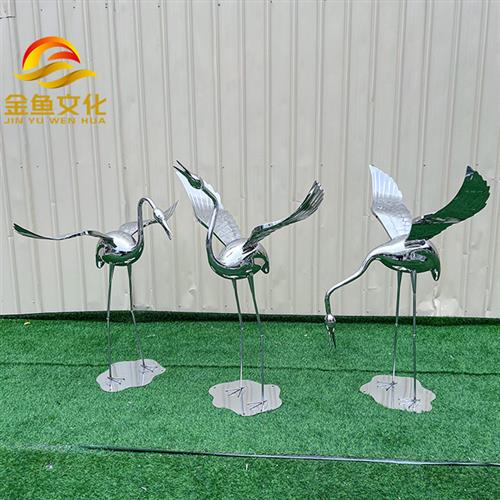 现货售楼处水池庭院装饰不锈钢仙鹤雕塑镜面火烈鸟白鹭玻璃钢摆件
