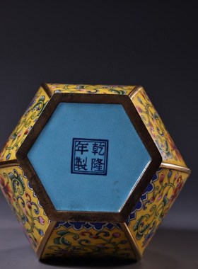 古玩收藏纯铜掐丝景泰蓝铜六边形花D瓶摆件珐琅彩复古珍藏品配木