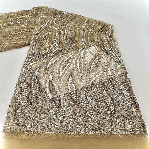 重工斜条纹珠管亮片刺绣蕾丝网纱设计H师款婚纱礼服面料蕾丝网纱