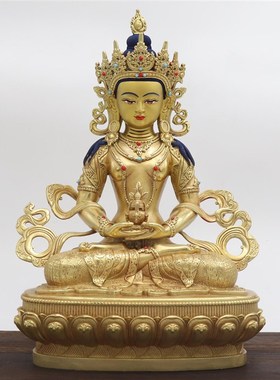 藏传密宗藏式工艺铜鎏金q寿佛铜像寿佛7寸10寸33.3cm家居佛饰