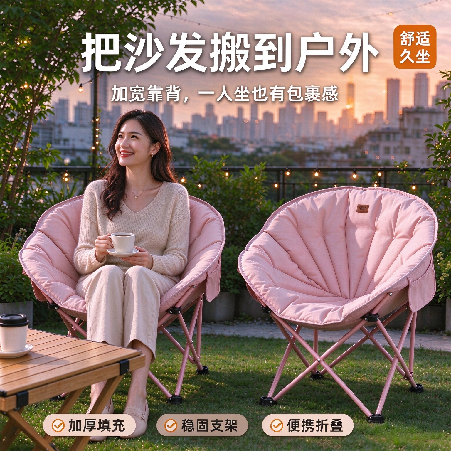 露营懒人月亮椅 加粗钢架稳固承重 便携折叠庭院沙滩久坐舒适椅子