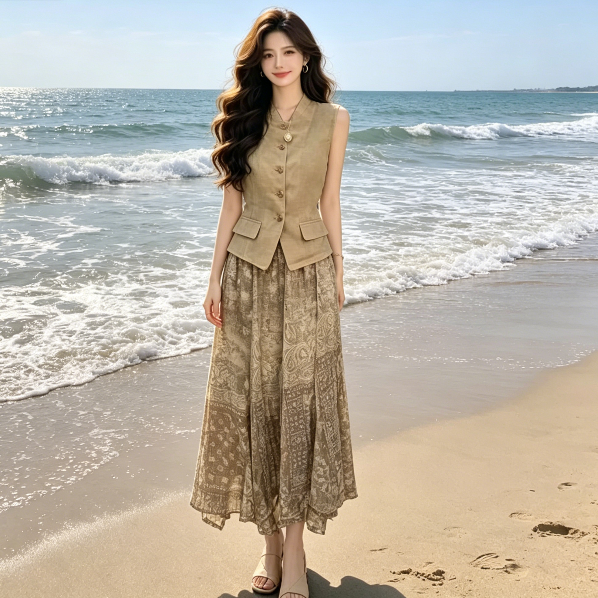 尚静度假风高级感卡其色马甲印花连衣裙两件套女夏季气质百搭套装