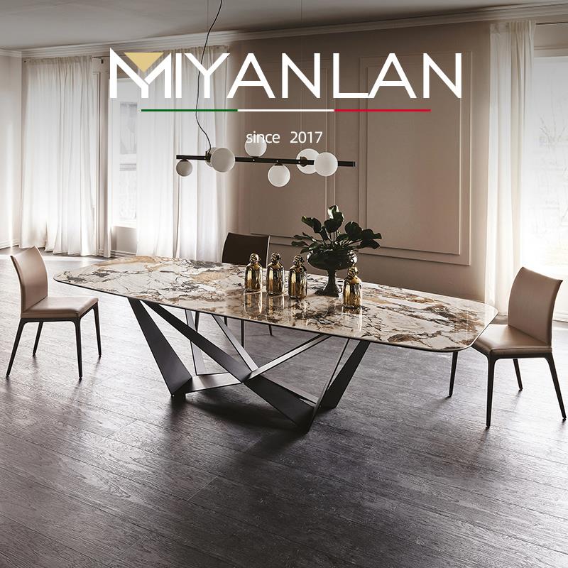 意式轻奢进口大户型岩板餐桌现代简约长方形大理石拉米娜餐桌组合