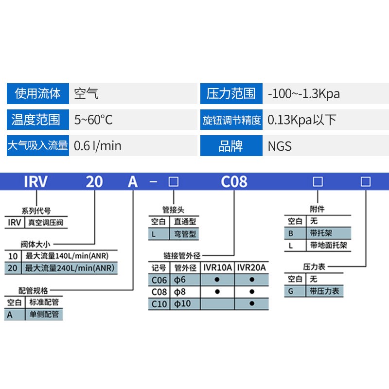 真空负压调压阀IRV10/20-C06/C08减压阀抽气稳压阀限压调节吸力