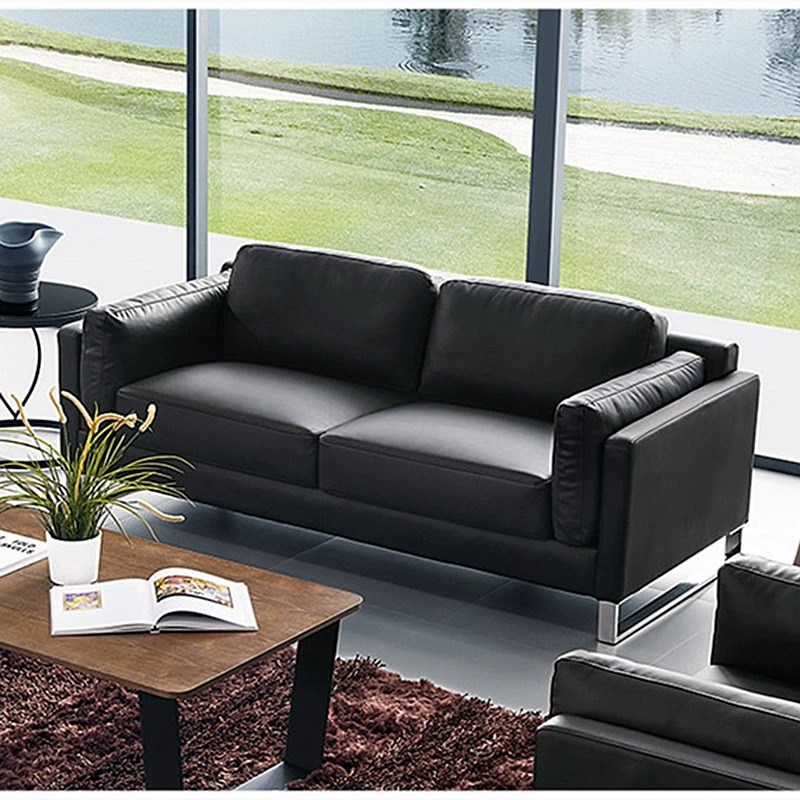 商务办公接待沙发黑色简约现代西皮沙发洽淡会客区木沙发三人组合