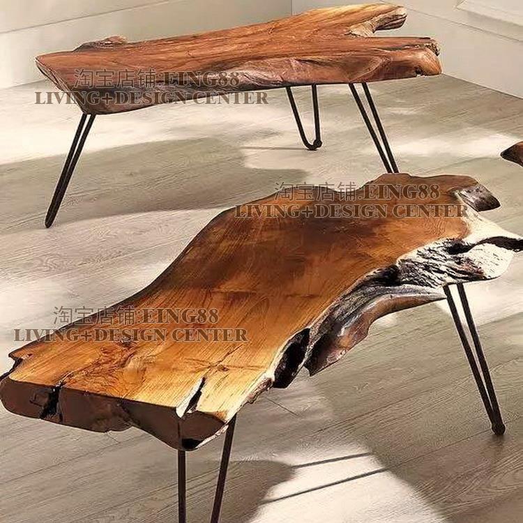 实木茶几原木全实木茶桌原生态复古原木板铁艺条几木头家具异形桌