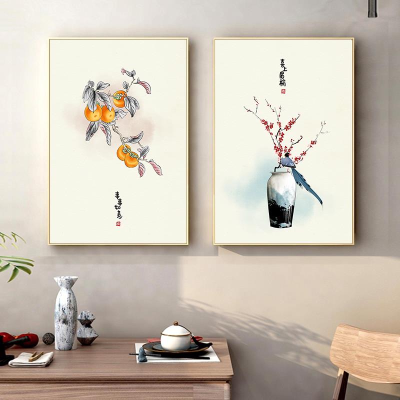 新中式花鸟装饰画可定制客厅壁画禅意茶室墙面晶瓷金框装饰画图片