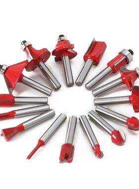 15件套1/4柄木工铣刀套装黄色木工雕刻机电木铣/修边机刀头套装