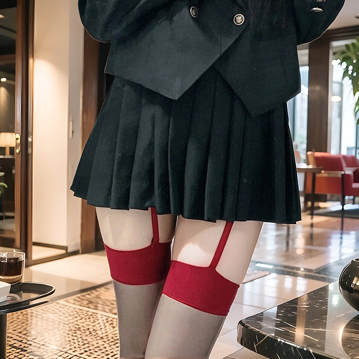 性感女吊带一体蕾丝过膝袜镂空纯欲jk黑丝情调超薄撞色宽边长筒袜