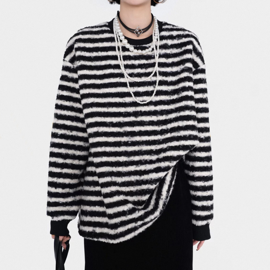 【小田tia专享】复古圈圈颗粒绒 显瘦~慵懒风黑白条纹卫衣女