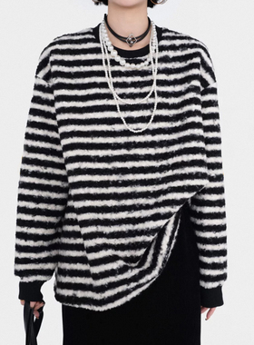 【小田tia专享】复古圈圈颗粒绒 显瘦~慵懒风黑白条纹卫衣女