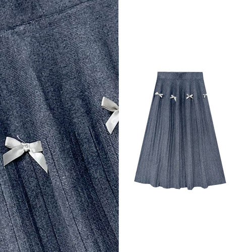 【小田tia专享】高级感~ 糯米针织灰蝴蝶结针织百褶裙