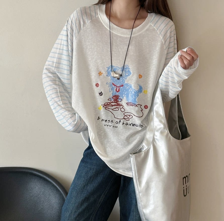 【小田tia专享】日系可爱小狗涂鸦~长袖宽松休闲条纹罩衫女