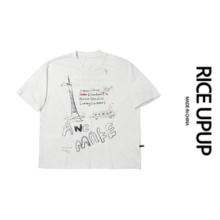 RICE UPUP“画板2”白色手绘铁塔涂鸦T恤