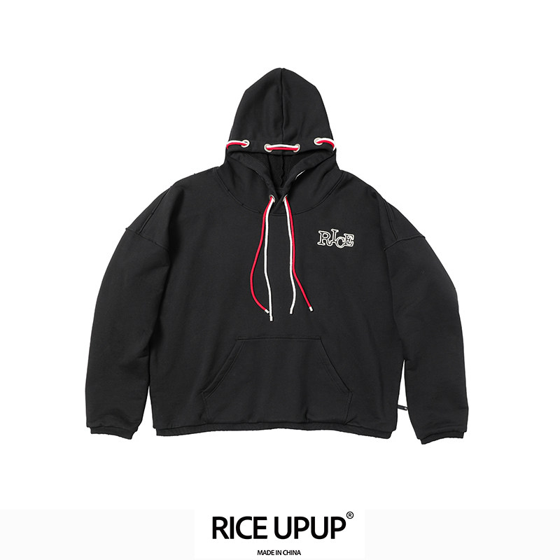 【重工好物】Riceupup“米年年”黑色刺绣双抽绳重工制作套头卫衣