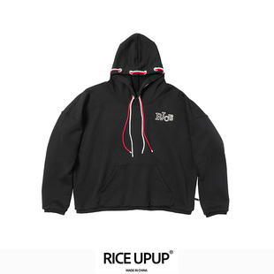 RICEUPUP“米年年”黑色刺绣抽绳卫衣