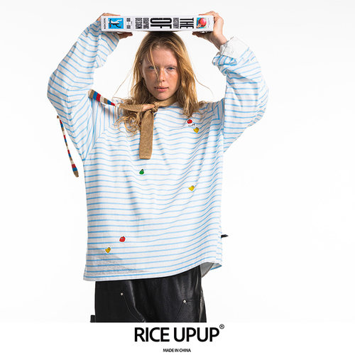 RICEUPUP“米果果们”雪花棉蓝色条纹插肩长袖t恤