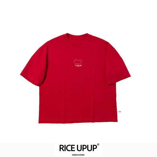 RICEUPUP红色手工刺绣宽松T恤