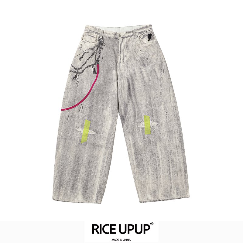 【出门装酷】Riceupup"胶带大侠"重工印花链条阔腿脏脏牛仔裤