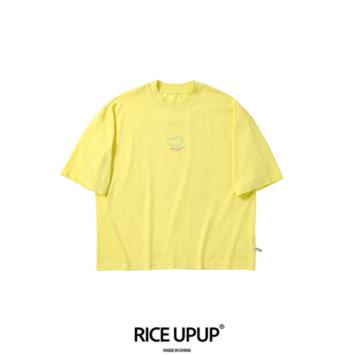 Riceupup“with lulu”RICE联名手工刺绣磨边破坏黄色T恤