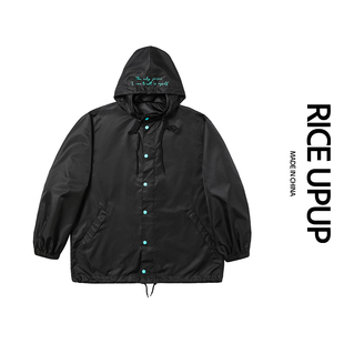 RICEUPUP“荧光刺客”荧光蓝印花尼龙戴帽外套