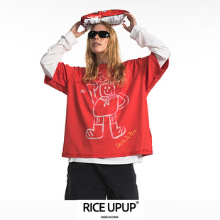Riceupup“米女士”手绘原创图案红色破洞水洗t恤男女同款