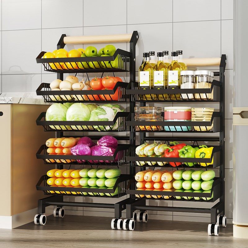 卡扣蔬菜架厨房手推车蔬菜t篮菜架家用调料储物收纳架可移动带轮
