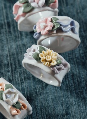 陶瓷纸巾环创意餐桌n圆形西餐餐巾扣田园花卉欧式奢华烛光晚餐摆