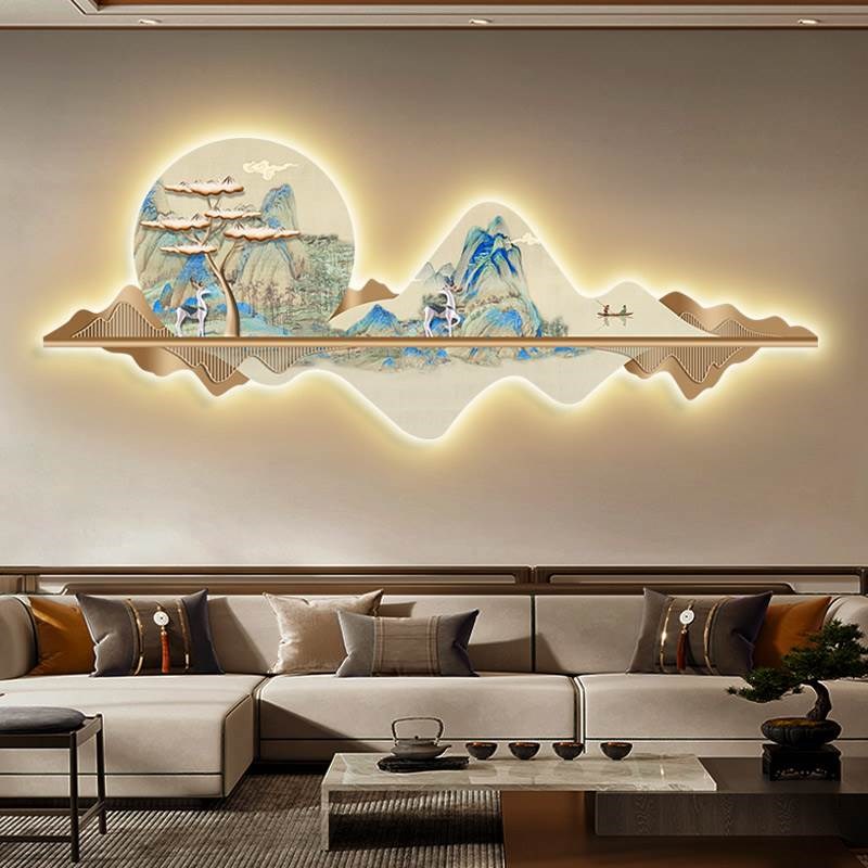 千里江山图发光客厅装饰画LExD灯画新中式麋鹿沙发背景墙挂画壁画