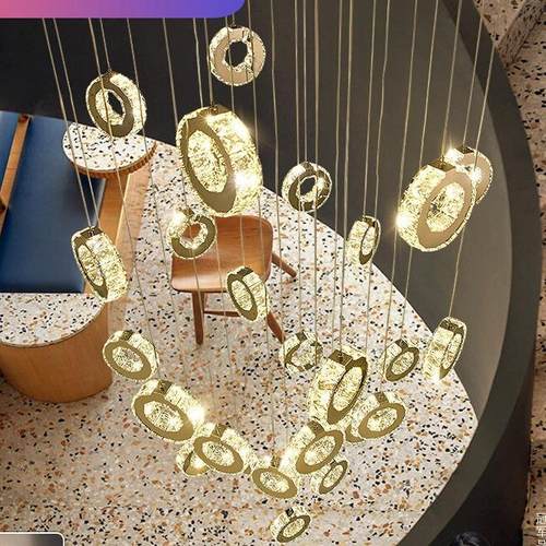 复式楼客厅大吊灯圆环水晶灯现代简约楼梯长吊灯别墅大厅loft吊灯