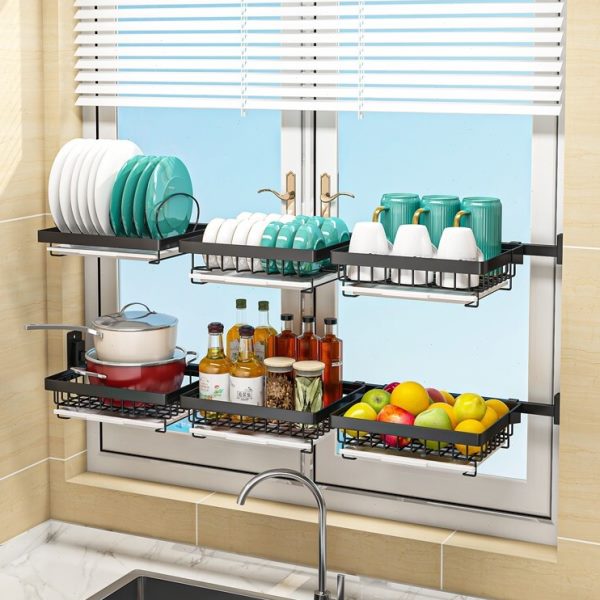 可伸缩免打孔壁挂式窗台置物架碗碟果蔬刀砧筷日用品小型收纳神器