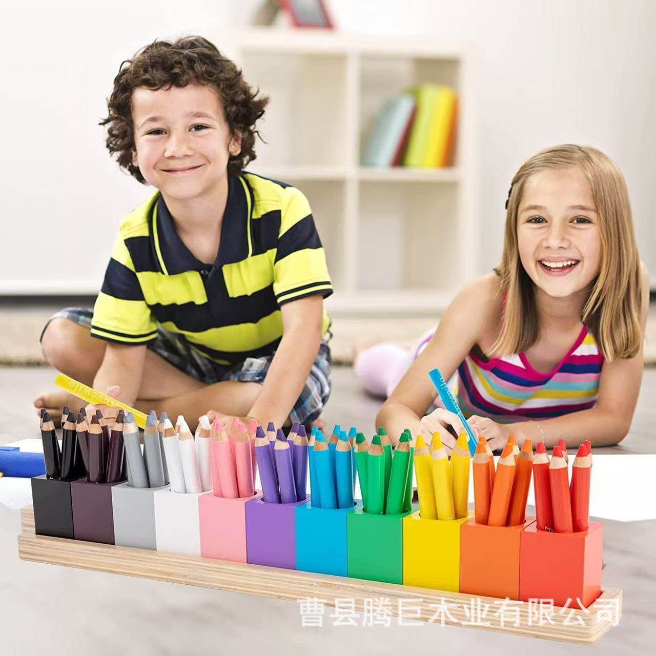 厂家直销笔筒架多孔彩笔收纳盒儿童马克笔铅笔长方形桌面斜插木盒